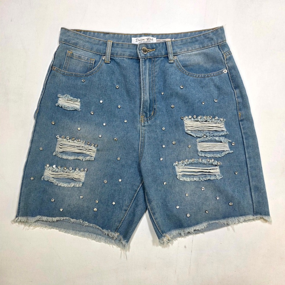 Denim Blvd Jean Shorts Womens L Blue Rhinestone Distressed Frayed Cut Off Bling